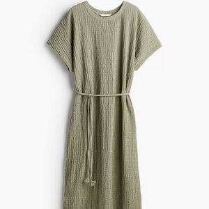NWT H&M Green Textured Jersey Belted tie- waist Dress light khaki green